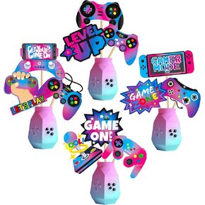 umoni Video Game Party Table Centerpiece Sticks Video Game Birthday Decorations 26Pcs Game On Table Toppers Gaming Centerpieces for Table Level Up Party Supplies