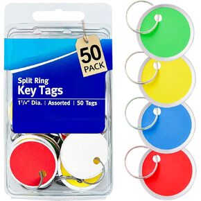 1InTheOffice Key Tags with Labels, Round, Metal Rim Key Tag, Assorted Color Card Stock Key Tag, 1-1/4" (50/Pack)
