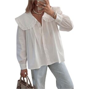 GORGLITTER Women's Cute Doll Collar Pleated Blouse Long Sleeve Button Down Shirt