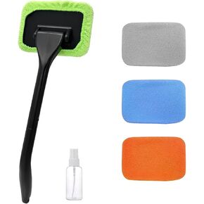 Car Window Cleaning Tool, Microfiber Auto Windshield Cleaner kit with 4 Cloth Pads Covers, Detachable Handle Cleaner for Car Glass Wiper, Universal Car Accessories