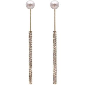 Crymystal Long Pearl Jacket Earrings Crystal Bar Dangle Drop Earrings Gold Pearl Stud Earrings Rhinestone Bar Tassel Drop Earrings Pearl Front Back Earrings for Teening Jewelry Party Prom