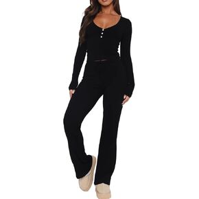 REVETRO Lounge Sets For Women Sexy V Neck Pajama Set Long Sleeve Shirts 2 Piece PJ Set Y2k Workout Sets For GYM