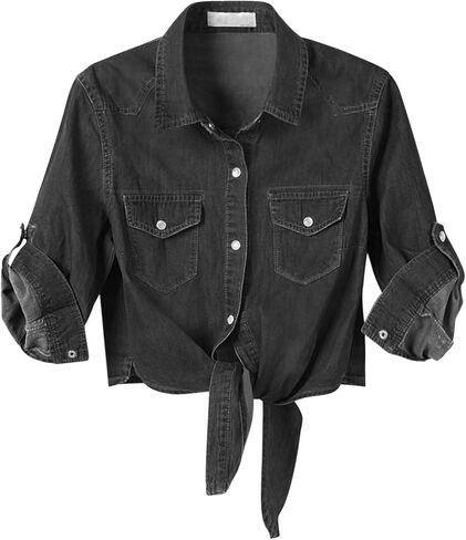 Women's Denim Shirt 3/4 Sleeve Tie Front Top Knot Chambray Cardigan Button Shirt Jean Crop Top Jacket in Saudi Arabia