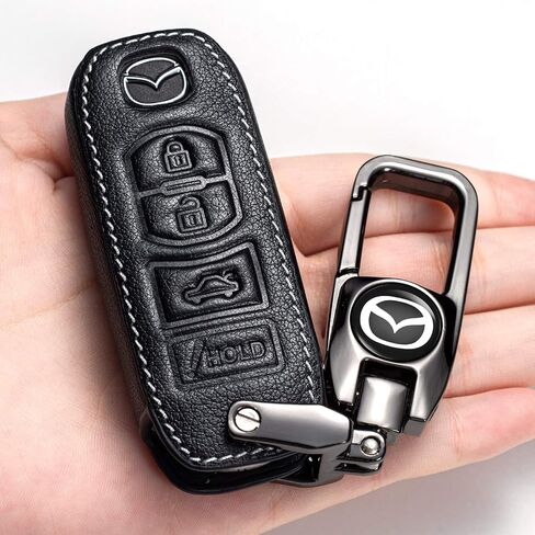 غطاء مفتاح سيارة Royal Guard لمازدا، حافظة مفاتيح مع سلسلة مفاتيح واقية من الجلد الطبيعي 3 6 8 Miata MX-5 CX-3 CX-5 CX-7 CX-9 حامل مفتاح التحكم عن بعد الذكي 4 أزرار ملحقات المفاتيح - أسود in Saudi Arabia
