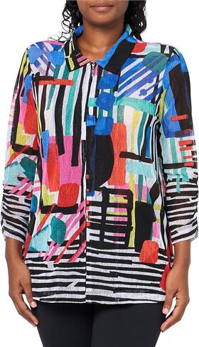 Ali Miles Women's Printed Mesh Zip Front Jacket Wire Collar Three Quarters Sleeves in Kuwait