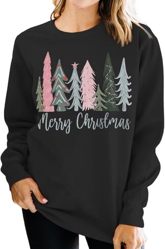 Women Merry Christmas Sweatshirt Xmas Tree Graphic Shirt Long Sleeve Crewneck Pullover Fall Winter Tops Clothes in Saudi Arabia