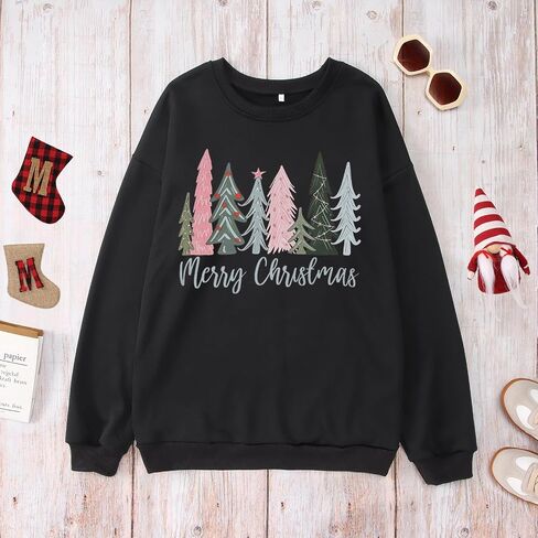 Women Merry Christmas Sweatshirt Xmas Tree Graphic Shirt Long Sleeve Crewneck Pullover Fall Winter Tops Clothes in Saudi Arabia