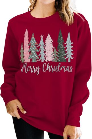 Women Merry Christmas Sweatshirt Xmas Tree Graphic Shirt Long Sleeve Crewneck Pullover Fall Winter Tops Clothes in Saudi Arabia