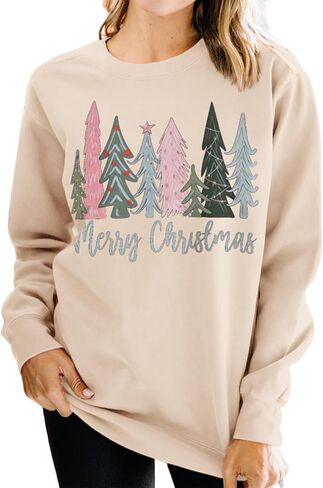 Women Merry Christmas Sweatshirt Xmas Tree Graphic Shirt Long Sleeve Crewneck Pullover Fall Winter Tops Clothes in Saudi Arabia