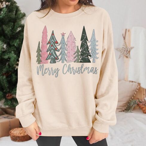 Women Merry Christmas Sweatshirt Xmas Tree Graphic Shirt Long Sleeve Crewneck Pullover Fall Winter Tops Clothes in Saudi Arabia