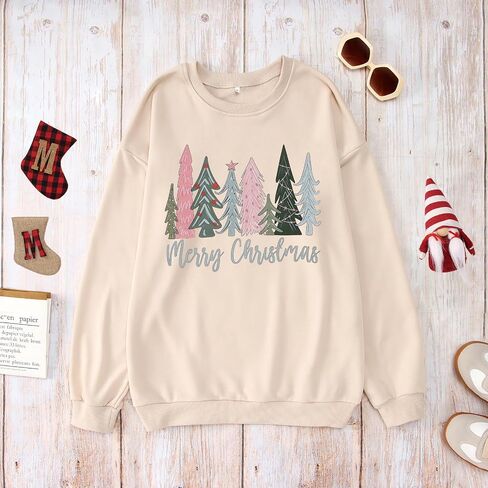 Women Merry Christmas Sweatshirt Xmas Tree Graphic Shirt Long Sleeve Crewneck Pullover Fall Winter Tops Clothes in Saudi Arabia