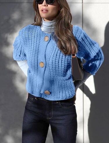 Womens Cropped Cardigan Sweaters Chunky Open Front Button Down Knit Sweater Long Sleeve Loose Cardigan Outerwear in Kuwait