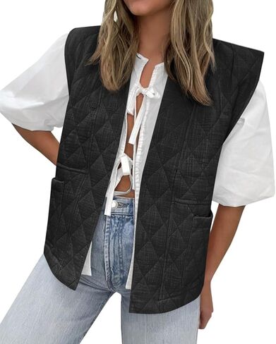 Tankaneo Womens Puffer Vest Sleeveless Open Front Quilted Jacket Lightweight Padded Gilet Coat with Pockets in Saudi Arabia