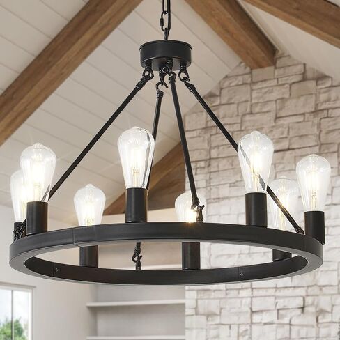 NILSE Wagon Wheel Chandelier Farmhouse 24-Inch, 8-Light Modern Black Chandelier for Dining Room, Round Iron Industrial Chandeliers Light Fixture for Living Room, Foyer, Entryway, E26 in Kuwait
