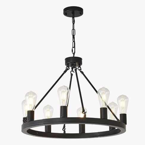 NILSE Wagon Wheel Chandelier Farmhouse 24-Inch, 8-Light Modern Black Chandelier for Dining Room, Round Iron Industrial Chandeliers Light Fixture for Living Room, Foyer, Entryway, E26 in Kuwait