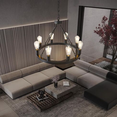 NILSE Wagon Wheel Chandelier Farmhouse 24-Inch, 8-Light Modern Black Chandelier for Dining Room, Round Iron Industrial Chandeliers Light Fixture for Living Room, Foyer, Entryway, E26 in Kuwait