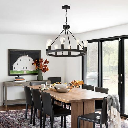 NILSE Wagon Wheel Chandelier Farmhouse 24-Inch, 8-Light Modern Black Chandelier for Dining Room, Round Iron Industrial Chandeliers Light Fixture for Living Room, Foyer, Entryway, E26 in Kuwait