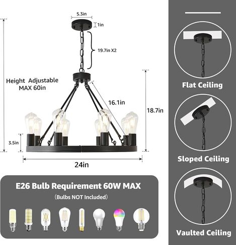 NILSE Wagon Wheel Chandelier Farmhouse 24-Inch, 8-Light Modern Black Chandelier for Dining Room, Round Iron Industrial Chandeliers Light Fixture for Living Room, Foyer, Entryway, E26 in Kuwait
