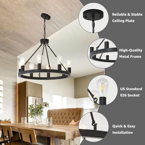 NILSE Wagon Wheel Chandelier Farmhouse 24-Inch, 8-Light Modern Black Chandelier for Dining Room, Round Iron Industrial Chandeliers Light Fixture for Living Room, Foyer, Entryway, E26 in Kuwait
