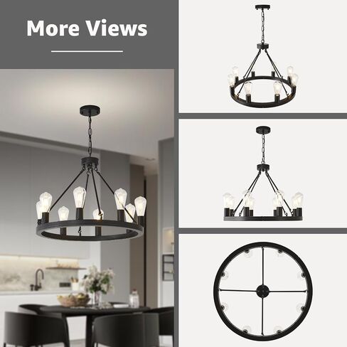 NILSE Wagon Wheel Chandelier Farmhouse 24-Inch, 8-Light Modern Black Chandelier for Dining Room, Round Iron Industrial Chandeliers Light Fixture for Living Room, Foyer, Entryway, E26 in Kuwait