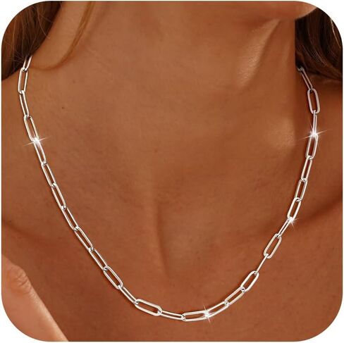 Silver Paperclip Chain Necklace for Women, Dainty Silver Choker Necklaces for Women Trendy Simple Long Minimalist Waterproof Link Necklace Jewelry Gifts for Women 16/18/20 in in Kuwait