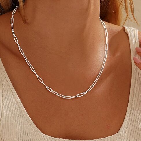Silver Paperclip Chain Necklace for Women, Dainty Silver Choker Necklaces for Women Trendy Simple Long Minimalist Waterproof Link Necklace Jewelry Gifts for Women 16/18/20 in in Kuwait