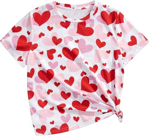 OYOANGLE Girl's All Over Print Short Sleeve Round Neck T-Shirt Heart Pattern Casual Tee Shirt Tops in Saudi Arabia