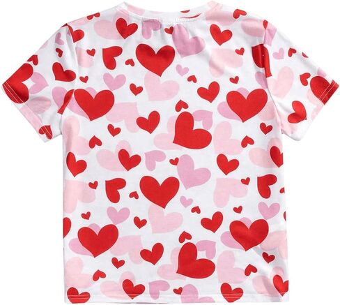 OYOANGLE Girl's All Over Print Short Sleeve Round Neck T-Shirt Heart Pattern Casual Tee Shirt Tops in Saudi Arabia