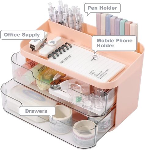منظم مكتب كوميكس مع درجين، حامل أقلام متعدد الوظائف للمكتب، حامل الهاتف المحمول، منظمات سطح المكتب والملحقات مع مقصورات، مثالي للمكتب والمدرسة والمنزل B2289 (وردي) in Kuwait