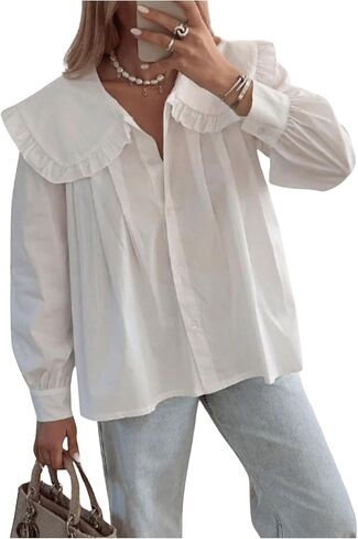 GORGLITTER Women's Cute Doll Collar Pleated Blouse Long Sleeve Button Down Shirt in Kuwait