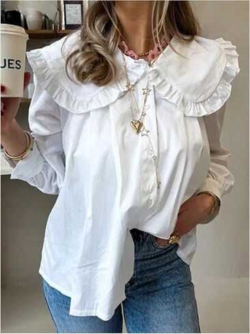 GORGLITTER Women's Cute Doll Collar Pleated Blouse Long Sleeve Button Down Shirt in Kuwait