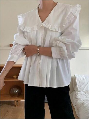 GORGLITTER Women's Cute Doll Collar Pleated Blouse Long Sleeve Button Down Shirt in Kuwait