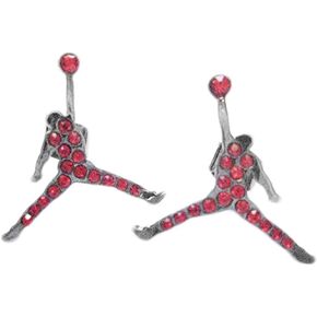 Mens and Womens Silver-Plated Basketball Player Slam Dunk Man Earrings | Red Crystal Rhinestones Iced Out CZ Stud Earring