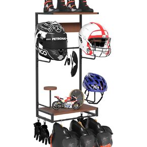 Motorcycle Helmet Holder Wall Mount, Rustic Helmet Rack with 2 Layer Wooden Boards and 4 Hat Stands for Motorcycle Gear Accessories Storage, 4 Clips, 5 Hooks for Glove Key Jacket Hanging