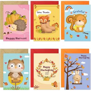 12 Thanksgiving Animal Greeting Cards with Envelopes Harvest Cards 5 X 7 for Kids Adults Friends Family