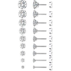9 Pairs Stainless Steel Threadless Flat Back Stud Earrings For Women Men 20G Cubic Zirconia Push in Barbell Cartilage Earrings Set 2-10MM Silver Tone