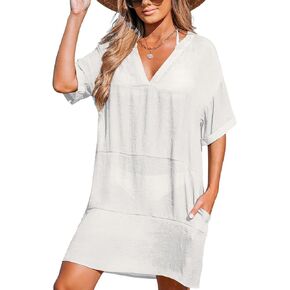 CUPSHE Womens Swimsuit Coverup Casual Beach Dress Short Sleeve V Neck Swim Cover Ups with Pockets