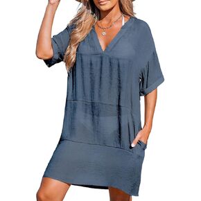 CUPSHE Womens Swimsuit Coverup Casual Beach Dress Short Sleeve V Neck Swim Cover Ups with Pockets