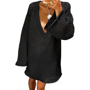 Saodimallsu Women Crochet Cover Up Long Sleeve Deep V Neck Hollow Out Sweater Oversized Beach Mini Dress Bathing Suit Coverup