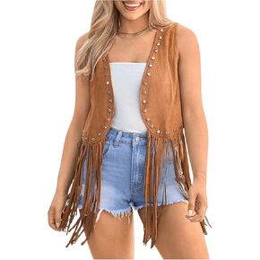 OYOANGLE Women's Faux Suede Fringe Vest Open Front Sleeveless Studded 70s Hippie Cardigan Jacket