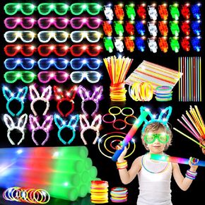 OceanWings 173 PCS Glow in the Dark Party Supplies,18 Foam Glow Stick,15 LED Glasses,100 Glow Stick,30Finger Light,10 Bunny Ear Headband for Neon Glow Party Favors Concert Birthday (173PC Bulk)