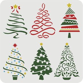 FINGERINSPIRE استنسل شجرة عيد الميلاد 11.8 × 11.8 بوصة 6 استنسل مختلف لنمط شجرة عيد الميلاد مع استنسل نجوم قالب استنسل شجرة قابل لإعادة الاستخدام للرسم على نافذة حائط أرضية خشبية