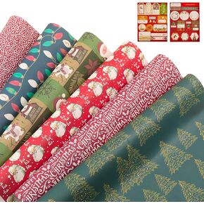 PAPER FAIR 12Pcs Christmas Wrapping Paper Precut Folded Sheets, 27.5x20'' w/Gift Tag Sticker Bulk, Holiday Classic Red Green Gift Wrap Party Packaging, Candy Cane, Nutcracker, Snowman, Ginger Bread, Elf for Kids