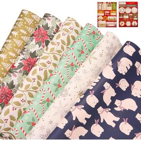 PAPER FAIR 12Pcs Christmas Wrapping Paper Precut Folded Sheets, 27.5x20'' w/Gift Tag Sticker Bulk, Holiday Classic Red Green Gift Wrap Party Packaging, Candy Cane, Nutcracker, Snowman, Ginger Bread, Elf for Kids