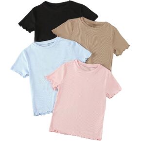 OYOANGLE Girl's 4 Pack Short Sleeve Crew Neck Ribbed Knit T-Shirts Set Summer Solid Tee Tops