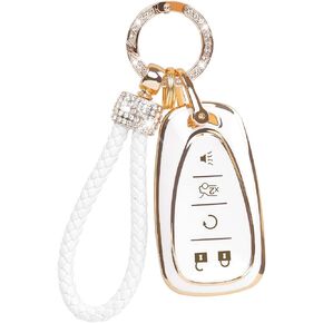 Gold Key Fob Cover with Bling Lanyard, Compatible with Chevrolet 2017 2018 2019 2020 2021 Malibu Camaro Trax Traverse Sonic Cruze Equinox Spark Soft TPU Protection Smart Key Holder