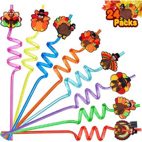 24Pcs Thanksgiving Party Favors Drinking Straws, Thanksgiving Turkey Straws Thanksgiving Party Decorations Supplies Friendsgiving Crazy Silly Straws Fall Thanksgiving Party Favors