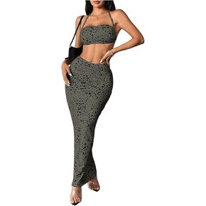 SHENHE Women's Sexy 2 Piece Outfits Leopard Print Backless Halter Crop Top and Maxi Skirt Set