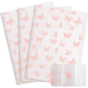 MR FIVE 60 Sheets White with Metallic Pink Butterfly Tissue Paper Bulk,20" x 14",Pink Butterflies Tissue Paper for Gift Bags,Pink Butterflies Gift Wrapping Tissue Paper for Birthday