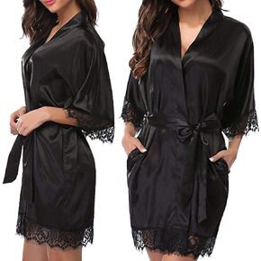 Women's Short Satin Robe with Lace Trim - Silk Kimono Style for Bridesmaid Wedding Party Nightgown